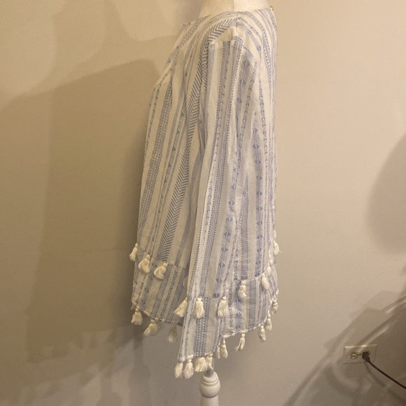 SAIL to SABLE white with blue stripes cotton blouse with pom poms  size Large - Picture 7 of 11